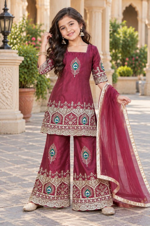 TEXTILEDEAL LAUNCH READYMADE HEAVY FENDY SILK FESTIVE WEAR SHARARA STYLE 3 PCS SUITS FOR KIDS ONLINE