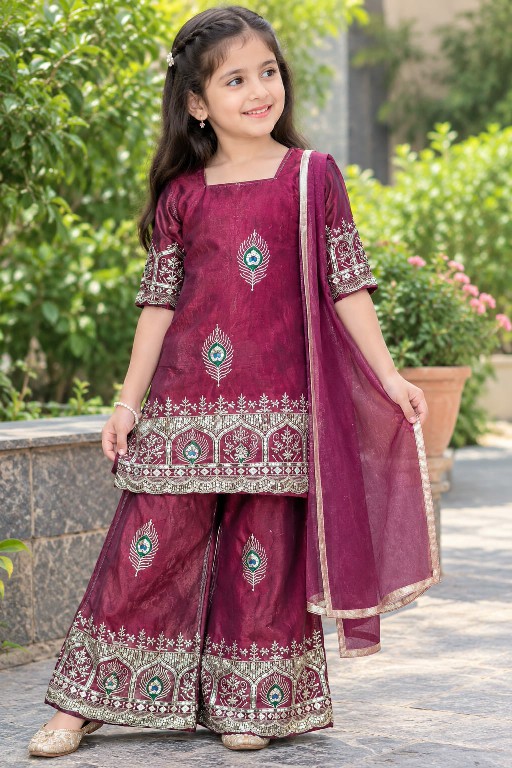 TEXTILEDEAL LAUNCH READYMADE HEAVY FENDY SILK FESTIVE WEAR SHARARA STYLE 3 PCS SUITS FOR KIDS ONLINE