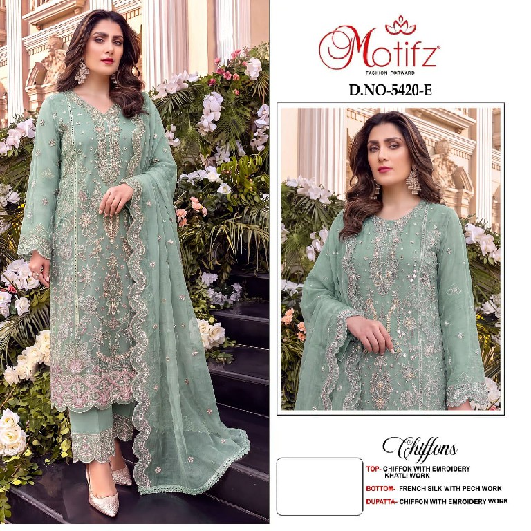 MOTIFZ D.NO 5420E TO 5420H WHOLESALE CHIFFON WITH WORK GORGEOUS PAKISTANI UNSTITCH SALWAR SUITS SUPPLIER