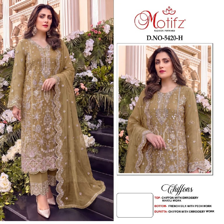 MOTIFZ D.NO 5420E TO 5420H WHOLESALE CHIFFON WITH WORK GORGEOUS PAKISTANI UNSTITCH SALWAR SUITS SUPPLIER