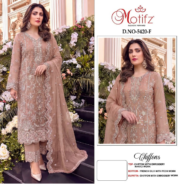 MOTIFZ D.NO 5420E TO 5420H WHOLESALE CHIFFON WITH WORK GORGEOUS PAKISTANI UNSTITCH SALWAR SUITS SUPPLIER