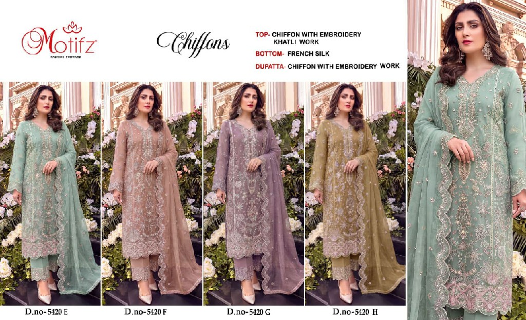 MOTIFZ D.NO 5420E TO 5420H WHOLESALE CHIFFON WITH WORK GORGEOUS PAKISTANI UNSTITCH SALWAR SUITS SUPPLIER