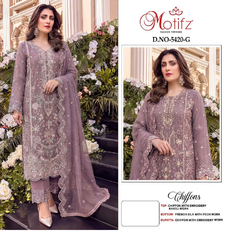 MOTIFZ D.NO 5420E TO 5420H WHOLESALE CHIFFON WITH WORK GORGEOUS PAKISTANI UNSTITCH SALWAR SUITS SUPPLIER