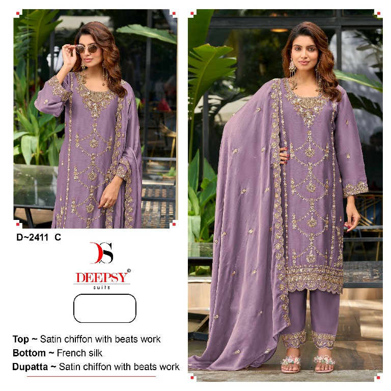 DEEPSY D.NO 2411 WHOLESALE SATIN CHIFFON WITH HEAVY BEATS WORK UNSTITCH SALWAR KAMEEZ ONLINE