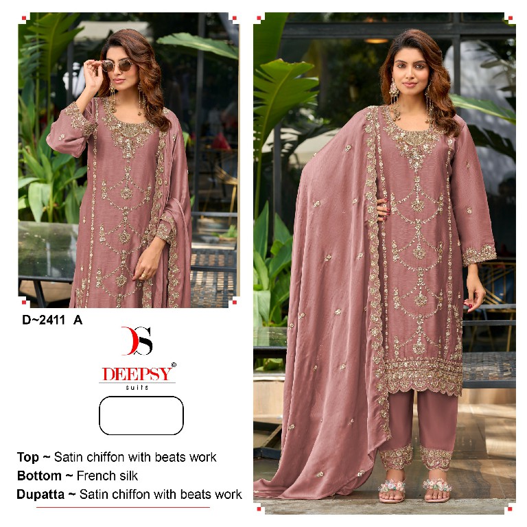 DEEPSY D.NO 2411 WHOLESALE SATIN CHIFFON WITH HEAVY BEATS WORK UNSTITCH SALWAR KAMEEZ ONLINE