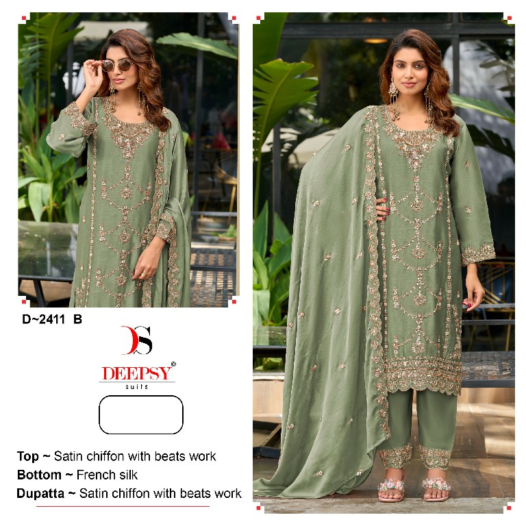 DEEPSY D.NO 2411 WHOLESALE SATIN CHIFFON WITH HEAVY BEATS WORK UNSTITCH SALWAR KAMEEZ ONLINE