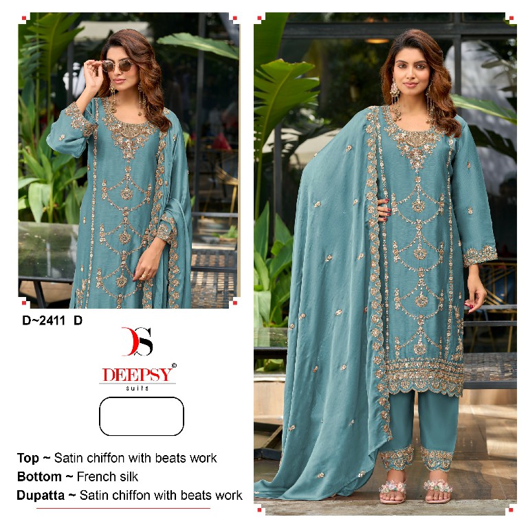 DEEPSY D.NO 2411 WHOLESALE SATIN CHIFFON WITH HEAVY BEATS WORK UNSTITCH SALWAR KAMEEZ ONLINE