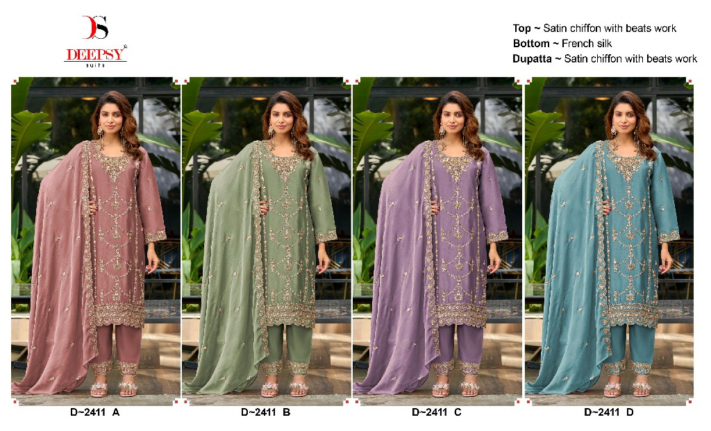 DEEPSY D.NO 2411 WHOLESALE SATIN CHIFFON WITH HEAVY BEATS WORK UNSTITCH SALWAR KAMEEZ ONLINE