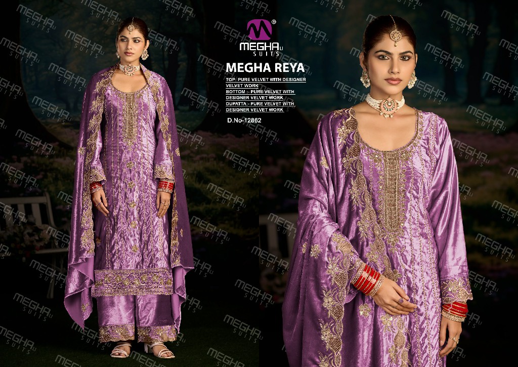 MEGHALI REYA WHOLESALE PURE VELVET WITH WORK WINTER SPECIAL UNSTITCH SALWAR SUITS SUPPLIER