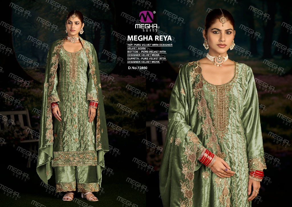MEGHALI REYA WHOLESALE PURE VELVET WITH WORK WINTER SPECIAL UNSTITCH SALWAR SUITS SUPPLIER