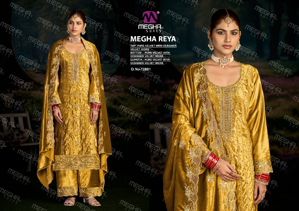 MEGHALI REYA WHOLESALE PURE VELVET WITH WORK WINTER SPECIAL UNSTITCH SALWAR SUITS SUPPLIER