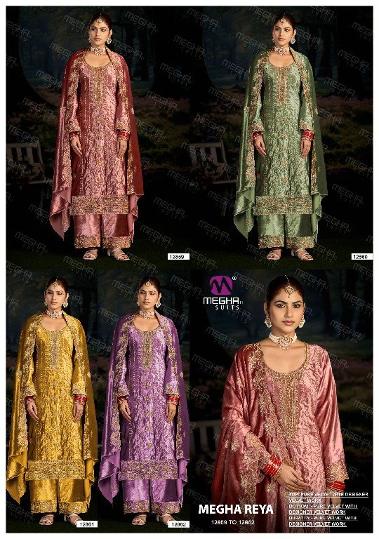 MEGHALI REYA WHOLESALE PURE VELVET WITH WORK WINTER SPECIAL UNSTITCH SALWAR SUITS SUPPLIER