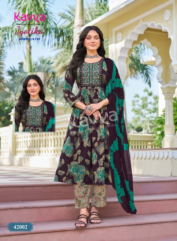 KAVYA JYOTIKA VOL 42 WHOLESALE READYMADE CAPSULE UMBRELLA CUT 3 PCS SUITS EXPORTER
