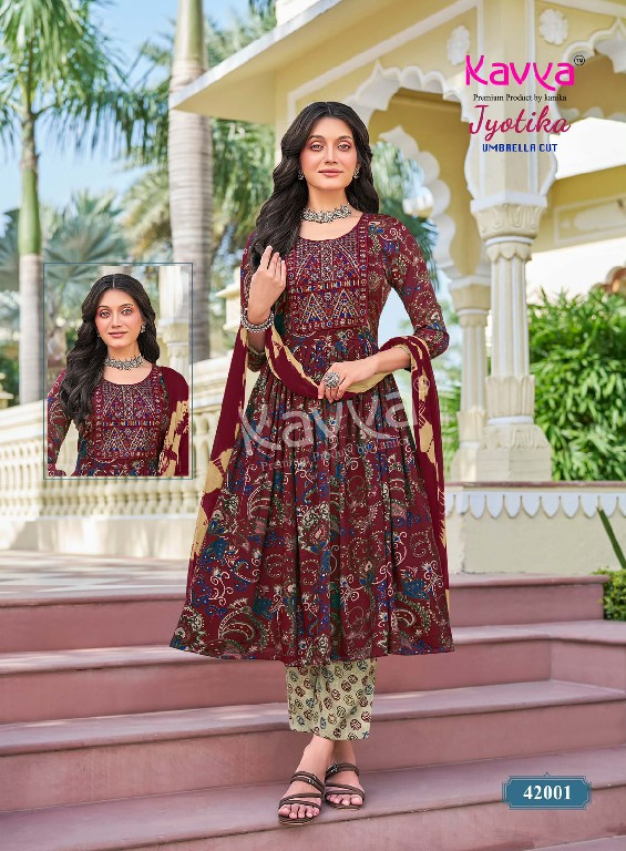KAVYA JYOTIKA VOL 42 WHOLESALE READYMADE CAPSULE UMBRELLA CUT 3 PCS SUITS EXPORTER