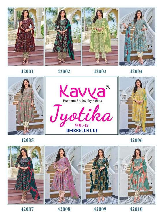 KAVYA JYOTIKA VOL 42 WHOLESALE READYMADE CAPSULE UMBRELLA CUT 3 PCS SUITS EXPORTER
