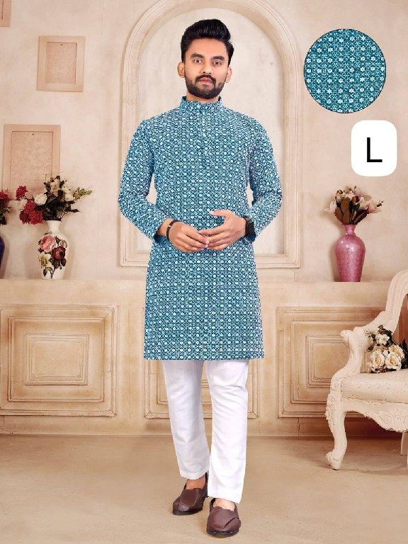 VENMER LAUNCH READYMADE COTTON CHIKANKARI WORK KURTA PYJAMA FOR MEN ONLINE