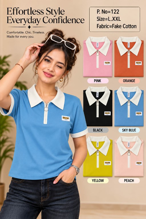TEXTILEDEAL D.NO 122 WHOLESALE READYMADE FAKE COTTON COLLAR NECK T SHIRT FOR WOMEN EXPORTER