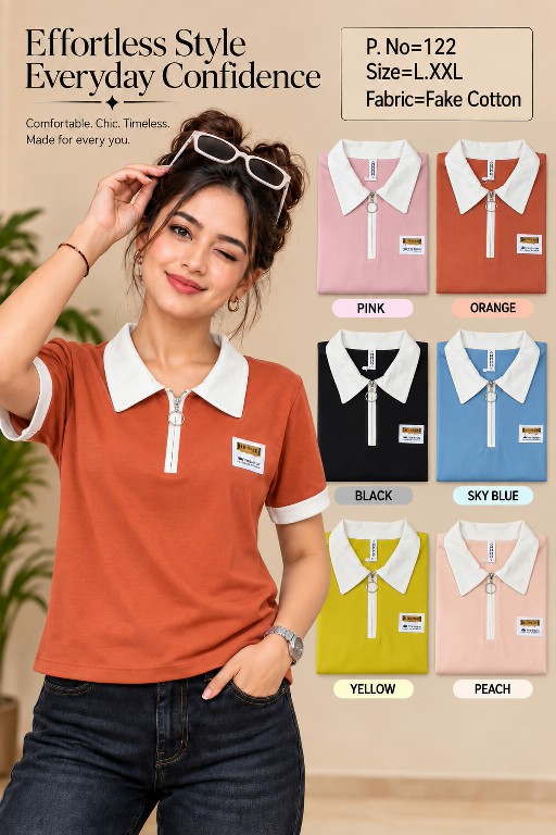 TEXTILEDEAL D.NO 122 WHOLESALE READYMADE FAKE COTTON COLLAR NECK T SHIRT FOR WOMEN EXPORTER