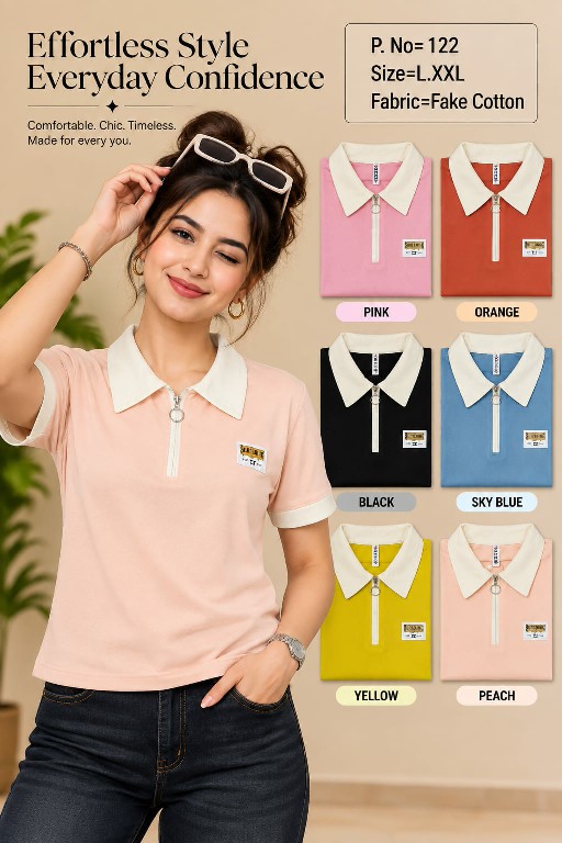 TEXTILEDEAL D.NO 122 WHOLESALE READYMADE FAKE COTTON COLLAR NECK T SHIRT FOR WOMEN EXPORTER