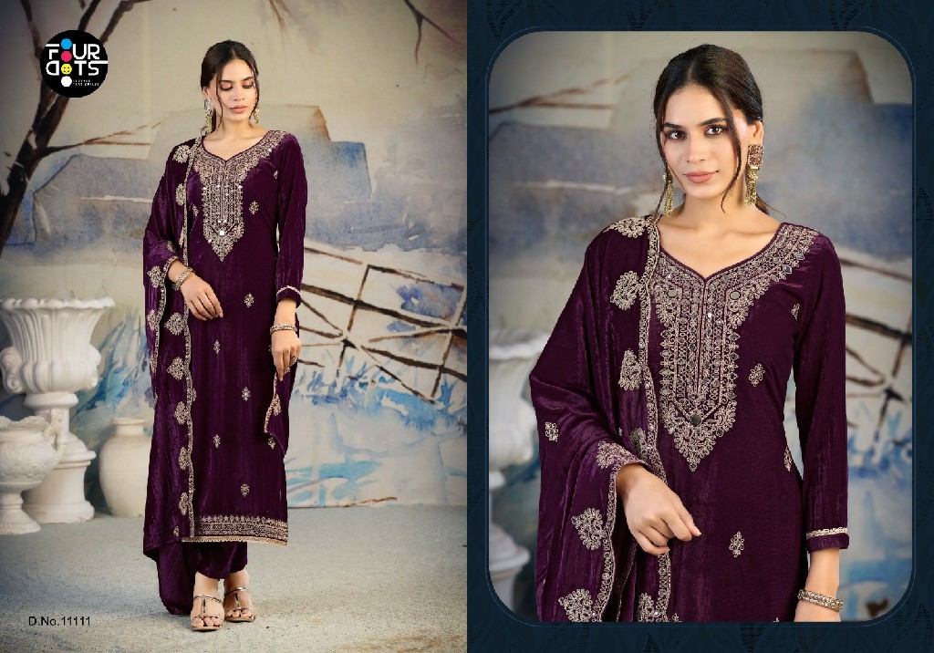 FOURDOTS ROZA WHOLESALE READYMADE CRUSH VELVET MIRROR WORK WINTER WEAR UNSTITCH SALWAR SUITS EXPORTER