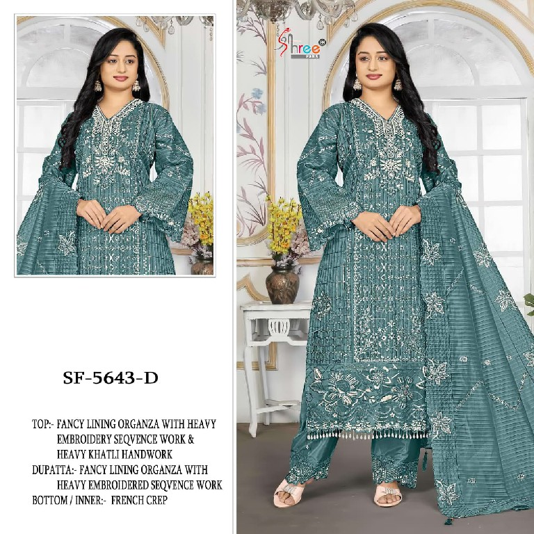 SHREE FABS D.NO 5643 WHOLESALE FANCY ORGANZA WITH WORK PAKISTANI UNSTITCH SALWAR SUITS SUPPLIER