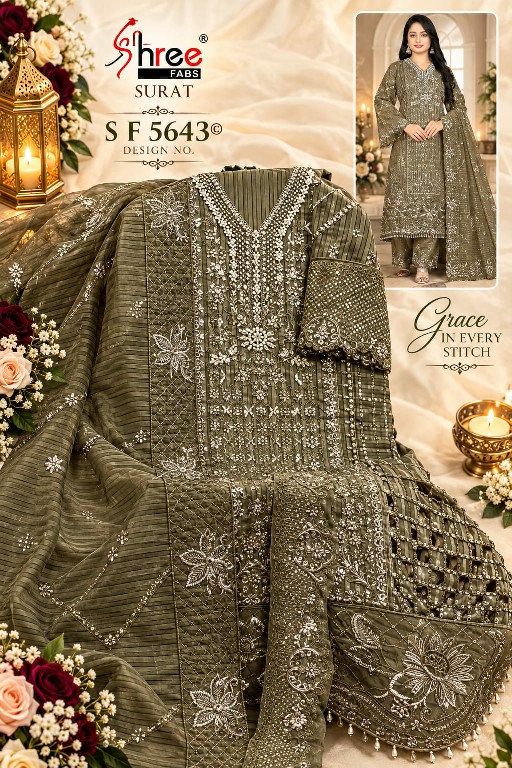 SHREE FABS D.NO 5643 WHOLESALE FANCY ORGANZA WITH WORK PAKISTANI UNSTITCH SALWAR SUITS SUPPLIER