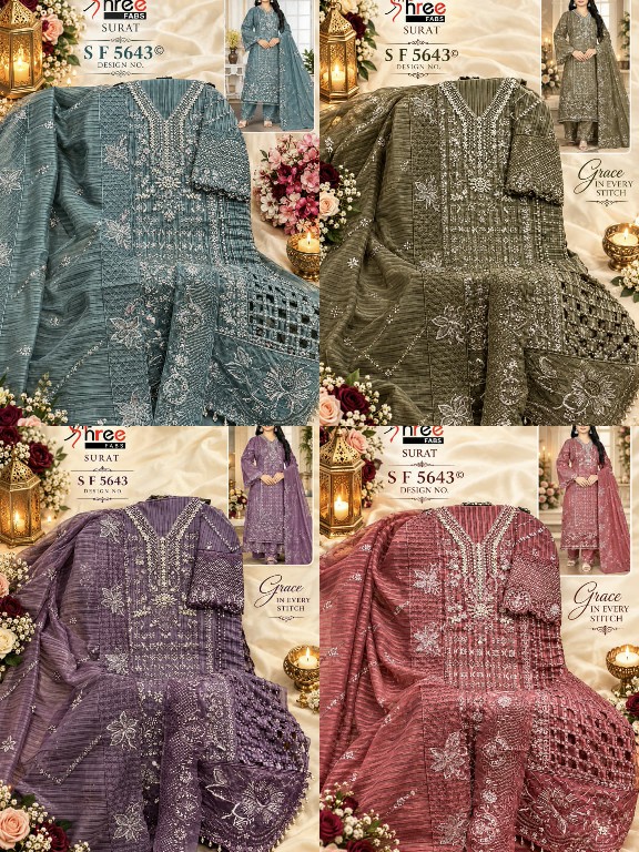 SHREE FABS D.NO 5643 WHOLESALE FANCY ORGANZA WITH WORK PAKISTANI UNSTITCH SALWAR SUITS SUPPLIER