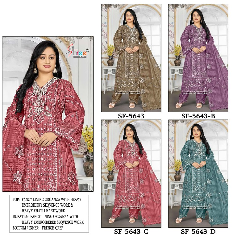 SHREE FABS D.NO 5643 WHOLESALE FANCY ORGANZA WITH WORK PAKISTANI UNSTITCH SALWAR SUITS SUPPLIER