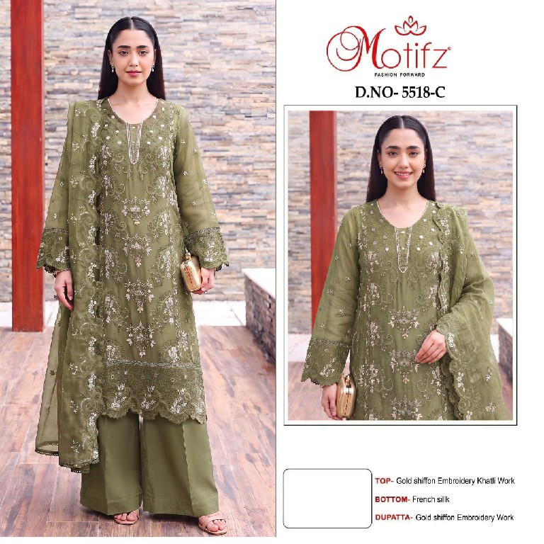 MOTIFZ D.NO 5518 WHOLESALE GOLD CHIFFON PAKISTANI GORGEOUS LOOK UNSTITCH SALWAR SUITS FOR EXPORT