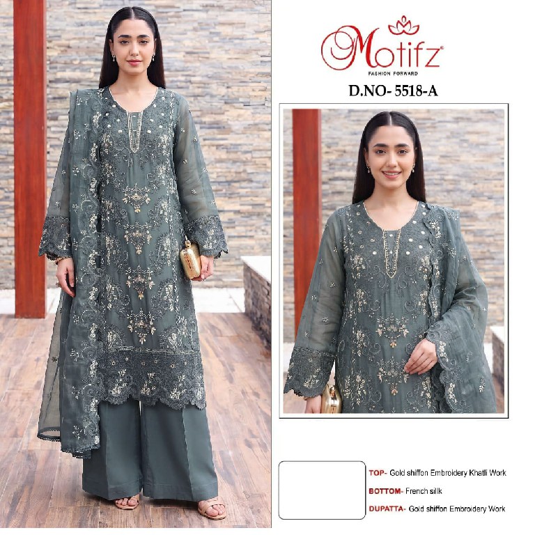 MOTIFZ D.NO 5518 WHOLESALE GOLD CHIFFON PAKISTANI GORGEOUS LOOK UNSTITCH SALWAR SUITS FOR EXPORT