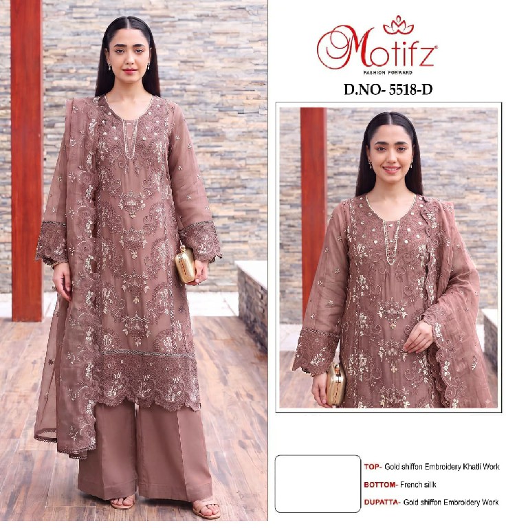 MOTIFZ D.NO 5518 WHOLESALE GOLD CHIFFON PAKISTANI GORGEOUS LOOK UNSTITCH SALWAR SUITS FOR EXPORT