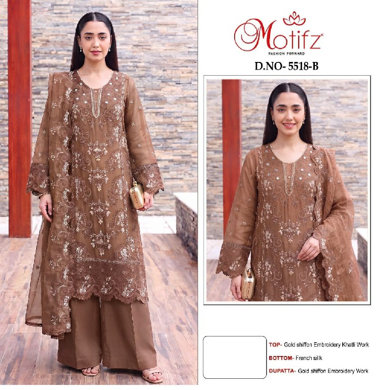 MOTIFZ D.NO 5518 WHOLESALE GOLD CHIFFON PAKISTANI GORGEOUS LOOK UNSTITCH SALWAR SUITS FOR EXPORT