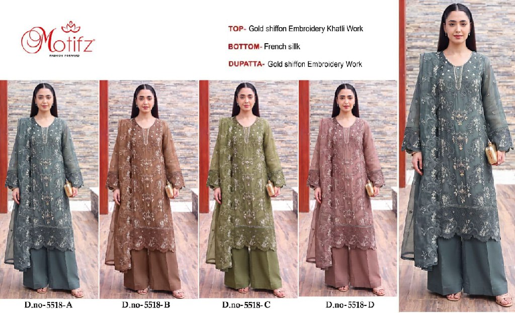 MOTIFZ D.NO 5518 WHOLESALE GOLD CHIFFON PAKISTANI GORGEOUS LOOK UNSTITCH SALWAR SUITS FOR EXPORT