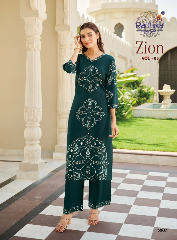 RADHIKA LIFESTYLE ZION VOL 5 WHOLESALE READYMADE RAYON WITH HAND WORK BIG SIZE CORD SET FOR EXPORT