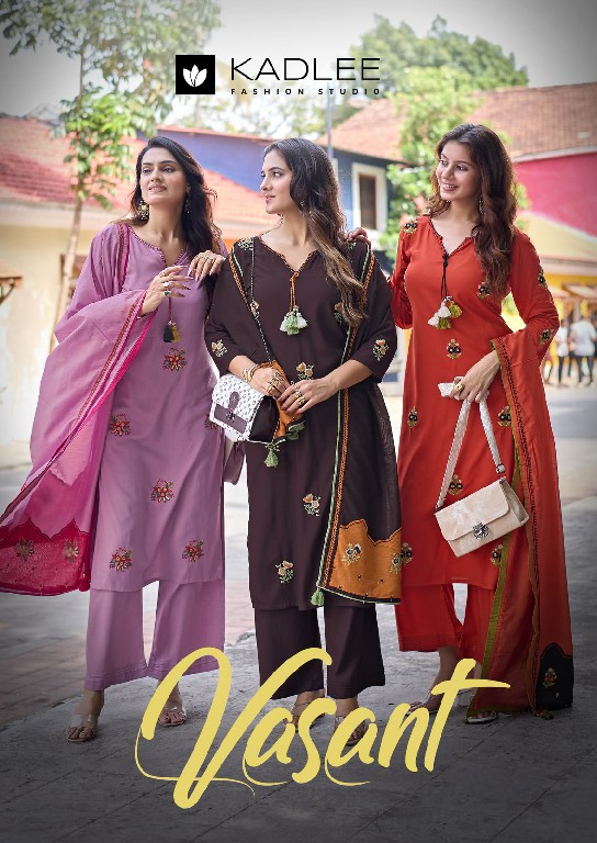 KADLEE VASANT WHOLESALE READYMADE HEAVY RAYON ELEGANT STYLE 3 PCS SUITS SUPPLIER