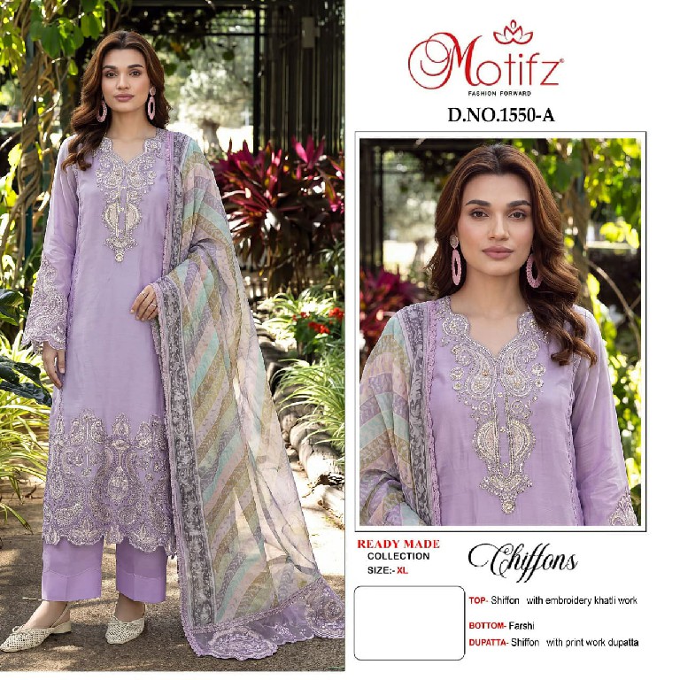 MOTIFZ D.NO 1550 WHOLESALE READYMADE CHIFFON WITH WORK PAKISTANI 3 PCS SUITS SUPPLIER