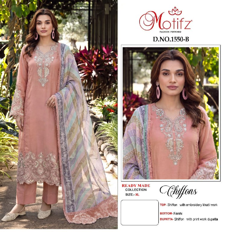 MOTIFZ D.NO 1550 WHOLESALE READYMADE CHIFFON WITH WORK PAKISTANI 3 PCS SUITS SUPPLIER