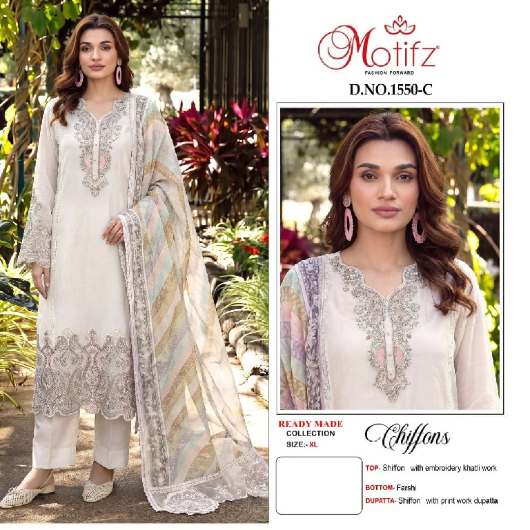 MOTIFZ D.NO 1550 WHOLESALE READYMADE CHIFFON WITH WORK PAKISTANI 3 PCS SUITS SUPPLIER