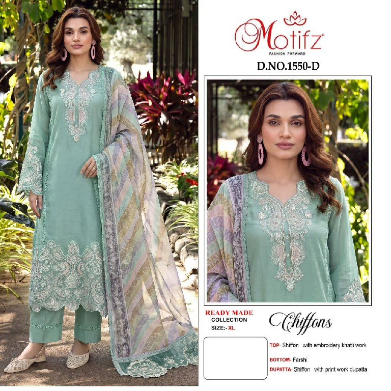 MOTIFZ D.NO 1550 WHOLESALE READYMADE CHIFFON WITH WORK PAKISTANI 3 PCS SUITS SUPPLIER
