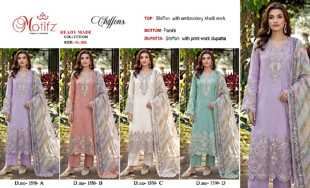 MOTIFZ D.NO 1550 WHOLESALE READYMADE CHIFFON WITH WORK PAKISTANI 3 PCS SUITS SUPPLIER
