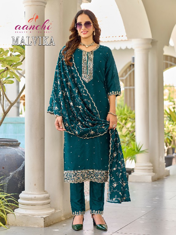 AANCHI MALVIKA WHOLESALE READYMADE CRYSTAL SILK LATEST FASHION 3 PCS SUITS EXPORTER
