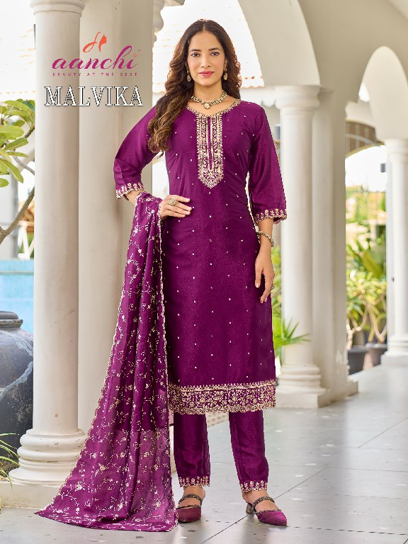 AANCHI MALVIKA WHOLESALE READYMADE CRYSTAL SILK LATEST FASHION 3 PCS SUITS EXPORTER