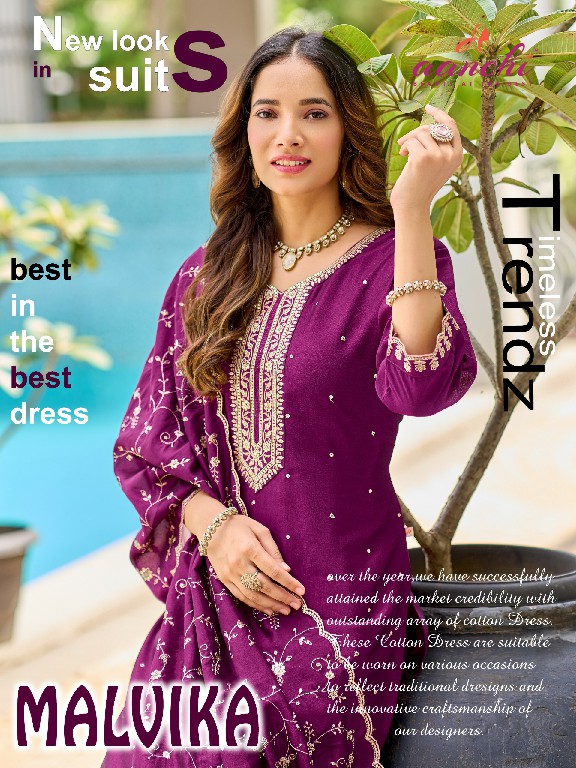 AANCHI MALVIKA WHOLESALE READYMADE CRYSTAL SILK LATEST FASHION 3 PCS SUITS EXPORTER
