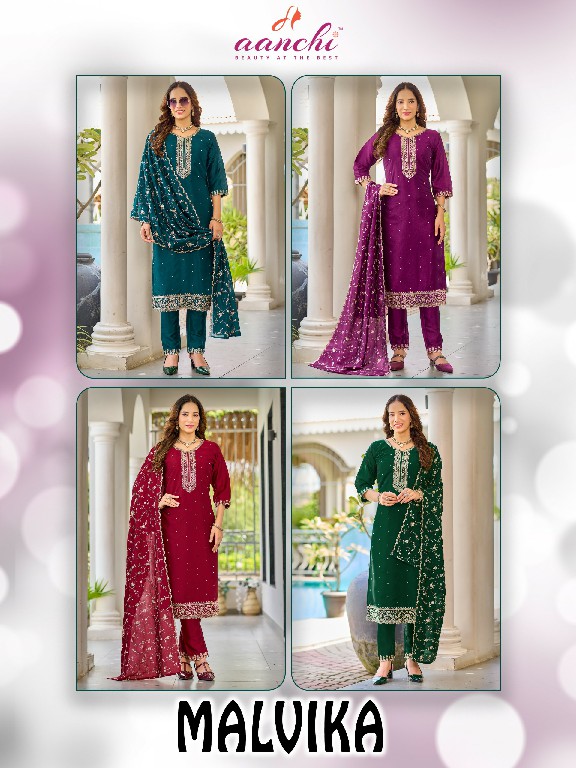 AANCHI MALVIKA WHOLESALE READYMADE CRYSTAL SILK LATEST FASHION 3 PCS SUITS EXPORTER