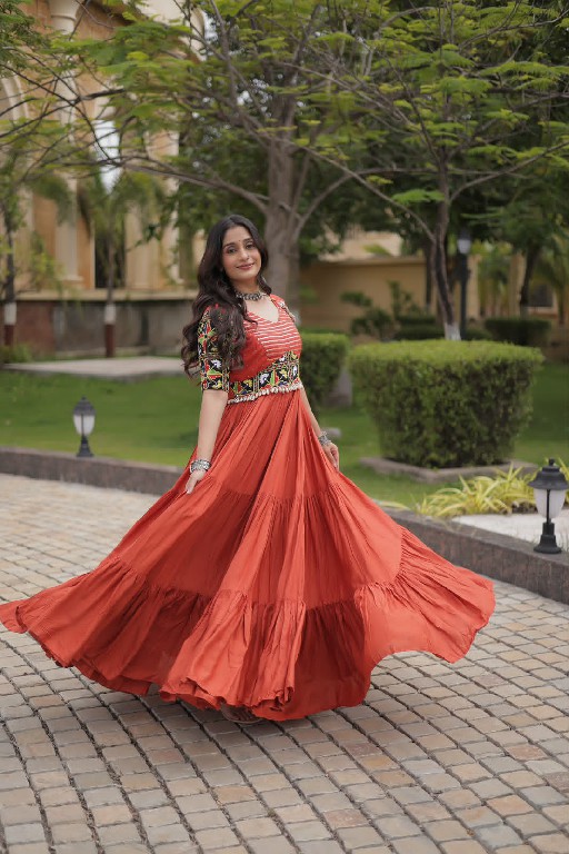 TEXTILEDEAL D.NO LW-9354 WHOLESALE READYMADE RAYON WITH KUTCHI GAMTHI WORK NAVRATRI SPECIAL GOWN FOR EXPORT