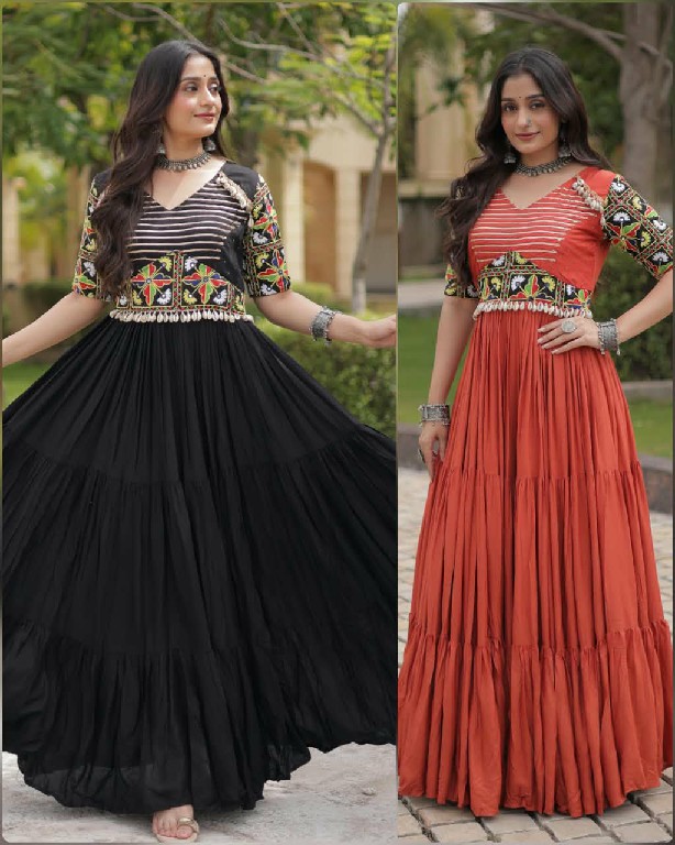 TEXTILEDEAL D.NO LW-9354 WHOLESALE READYMADE RAYON WITH KUTCHI GAMTHI WORK NAVRATRI SPECIAL GOWN FOR EXPORT