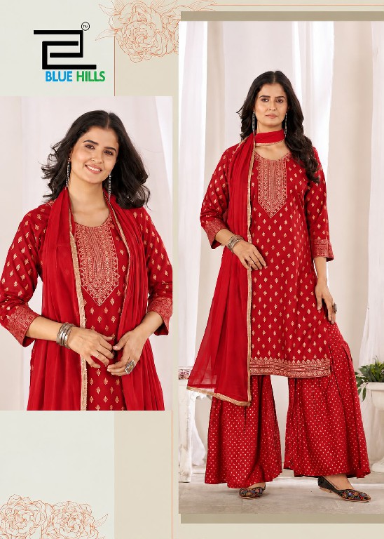 BLUE HILLS KARWA CHAUTH WHOLESALE READYMADE RAYON BIG SIZE SHARARA STYLE 3 PCS COMBO SET SUITS SUPPLIER