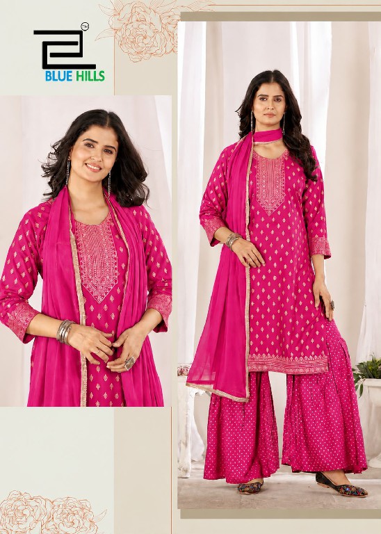 BLUE HILLS KARWA CHAUTH WHOLESALE READYMADE RAYON BIG SIZE SHARARA STYLE 3 PCS COMBO SET SUITS SUPPLIER