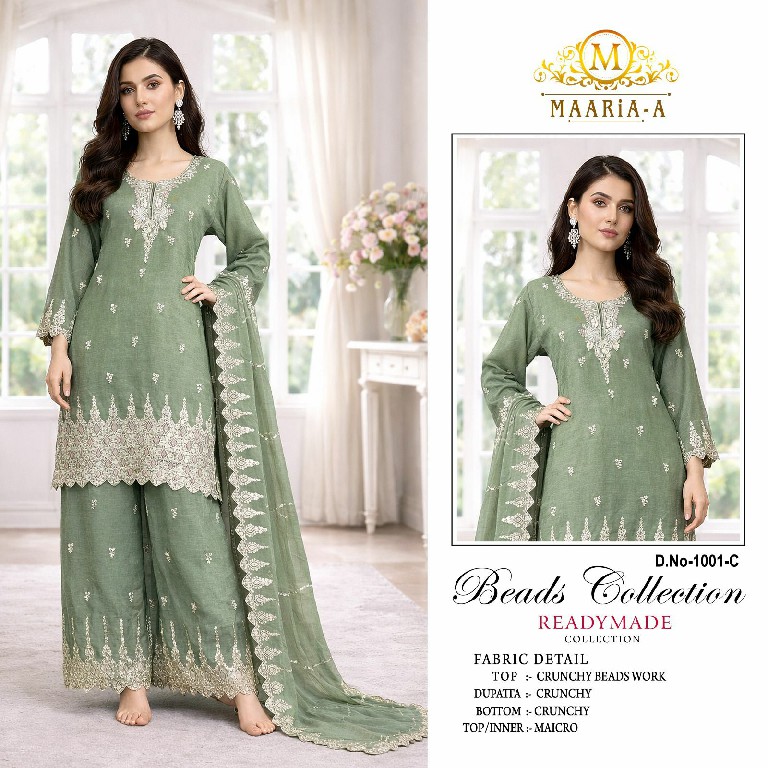 MAARIA-A D.NO 1001 WHOLESALE READYMADE HEAVY CRUNCHY WITH BEADS WORK 3 PCS SUITS ONLINE