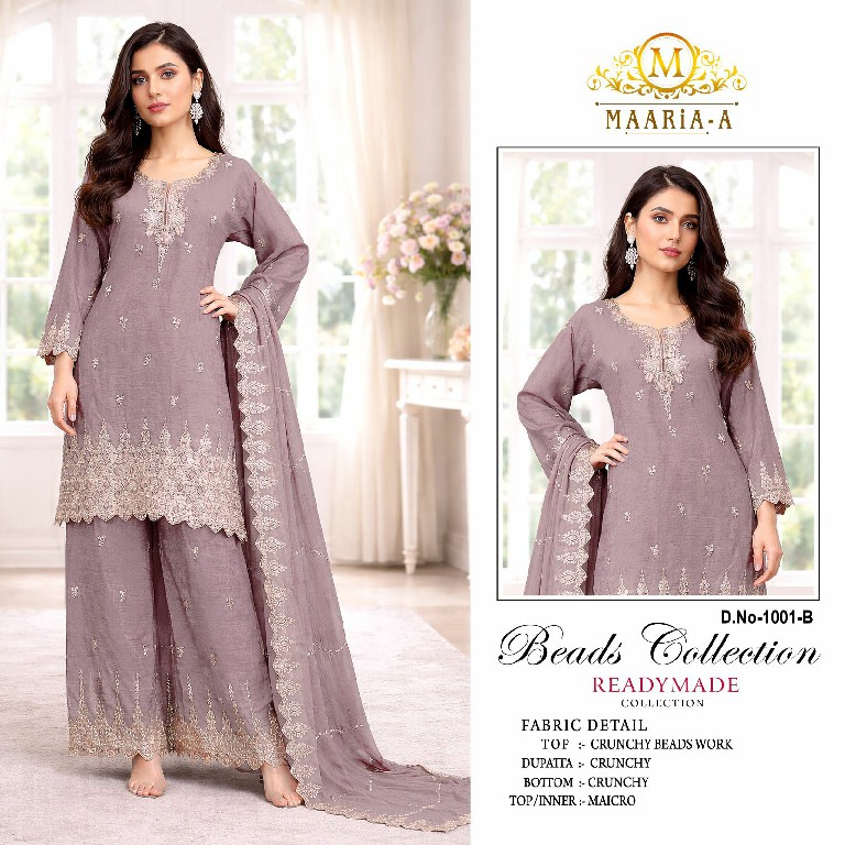 MAARIA-A D.NO 1001 WHOLESALE READYMADE HEAVY CRUNCHY WITH BEADS WORK 3 PCS SUITS ONLINE